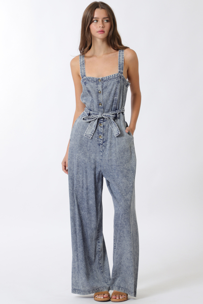 SLEEVELESS BUTTON DOWN BELTED JUMPSUIT