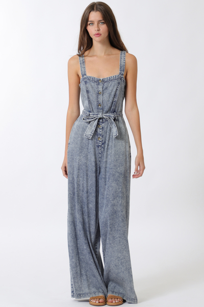 SLEEVELESS BUTTON DOWN BELTED JUMPSUIT