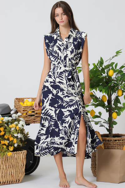 SHOULDER PAD BUTTON DOWN TIE FRONT MIDI DRESS