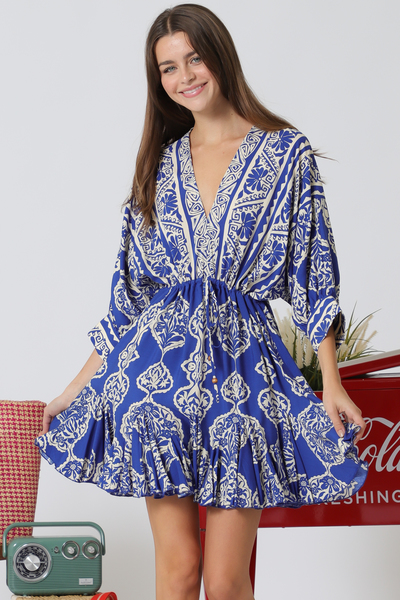 3/4DOLMAN SLEEVE TIE FRONT BORDER PRINT MINI DRESS