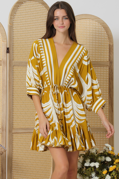 3/4 DOLMAN SLEEVE BORDER MINI  DRESS