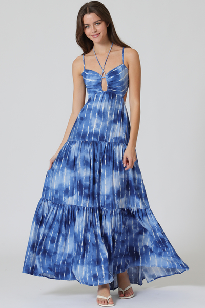 THIN ADJUSTABLE STRAP ELASTIC TIERED MAXI DRESS