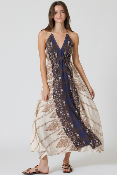 HALTER BACKLESS TIE BACK WAISTED MIDI DRESS