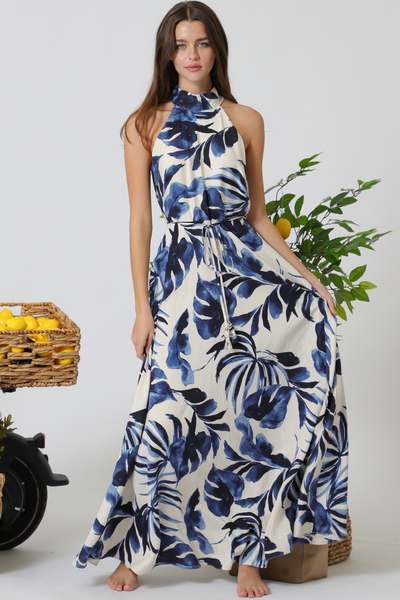 HIGH NECK BAND BELTED LONG DRESS