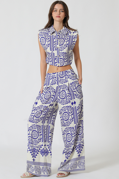 SHOULDER PAD BUTTON DOWN TOP & LONG PANTS SET