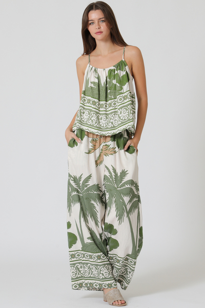 THIN ADJUSTABLE STRAP TOP & ELASTIC WAISTED LONG PANTS SET