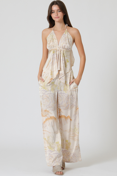 HALTER TOP AND ELASTIC WAISTED LONG PANTS SET