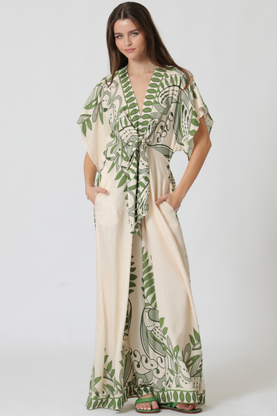 KIMONO SLEEVE TIE FRONT CHEST ELASTIC BACK WAISTED JUMPSUIT