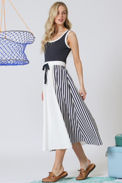 MARINA STRIPE CONTRAST POPLIN& RIB MIX 2FER MIDI DRESS