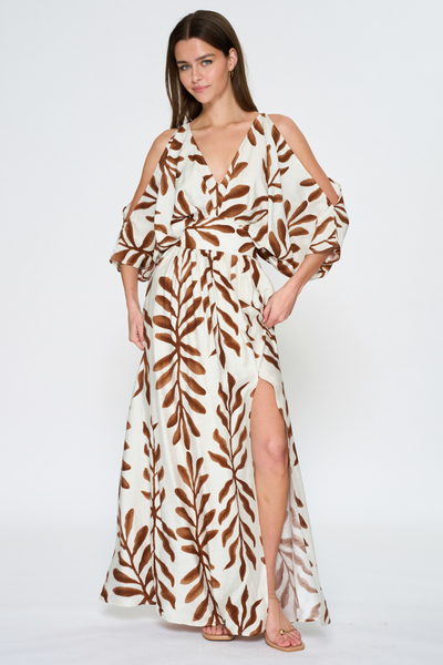 LEAF PRINT MAXI DRESS WITH TIE SLEEVES & SLIT