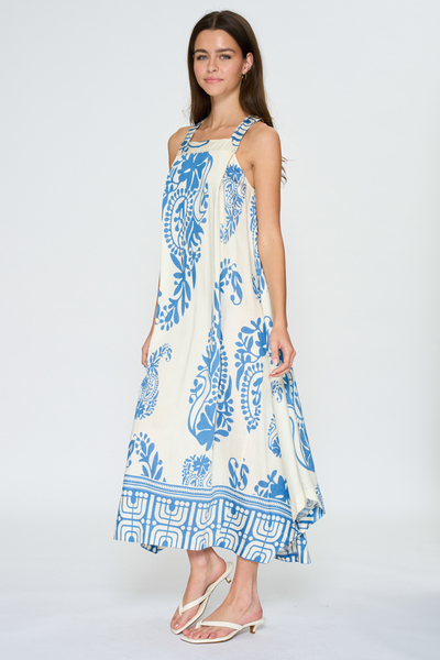 SQUARE NECK SLEEVELESS BORDER PRINTED MAXI DRESS