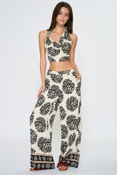 GOLD METAL TRIM CROP TOP W/ LONG PANTS SET