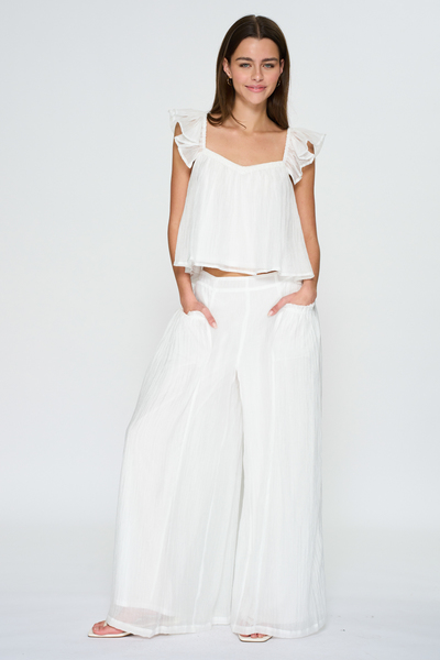 RUFFLE SHOULDER SLEEVELESS TOP W/ BUBBLE SIDE POCKET PANTS SET