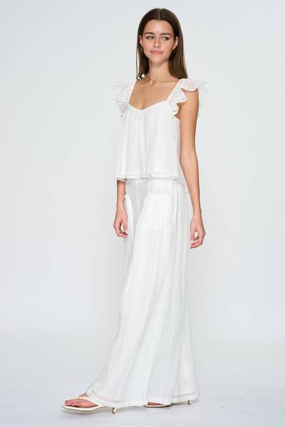 RUFFLE SHOULDER SLEEVELESS TOP W/ BUBBLE SIDE POCKET PANTS SET