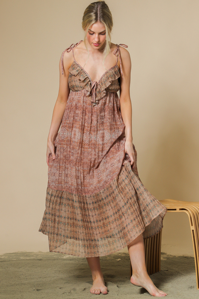 ETHNIC PRINT RUFFLE MIDI DRESS