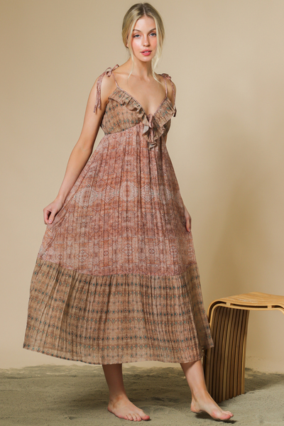 ETHNIC PRINT RUFFLE MIDI DRESS