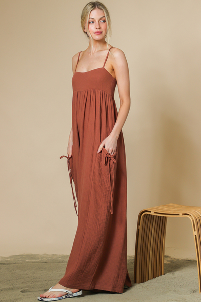 DOUBLE GAUZE CAMI JUMPSUIT WITH SIDE POCKET WITH DRAWSTRING TIE