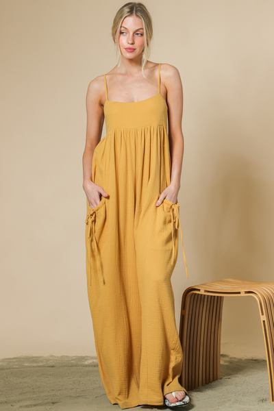 DOUBLE GAUZE CAMI JUMPSUIT WITH SIDE POCKET WITH DRAWSTRING TIE