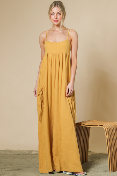 DOUBLE GAUZE CAMI JUMPSUIT WITH SIDE POCKET WITH DRAWSTRING TIE