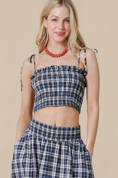 PLAID SMOCKED TOP & MIDI SKIRT SET
