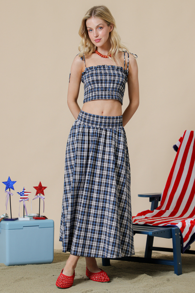 PLAID SMOCKED TOP & MIDI SKIRT SET