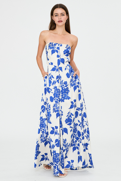 FLORAL STRAPLESS BACK TIE WIDE LEG JUMPSUIT