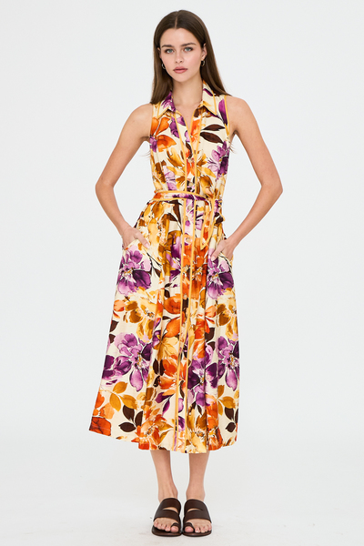 SLEEVELESS FLORAL BUTTON DOWN MIDI DRESS