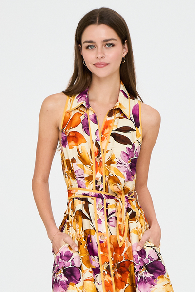 SLEEVELESS FLORAL BUTTON DOWN MIDI DRESS