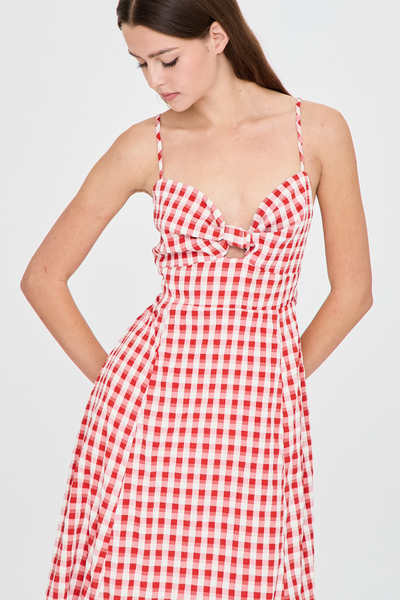 GINGHAM TIE BACK CUTOUT MIDI DRESS