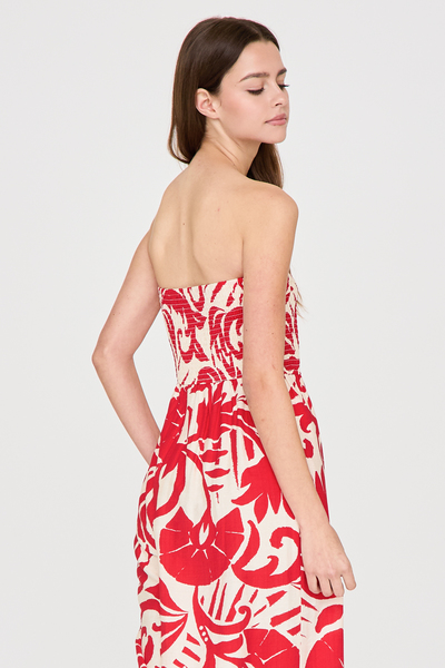 SMOCKED STRAPLESS WIDE LEG PRINT JUMPSUIT