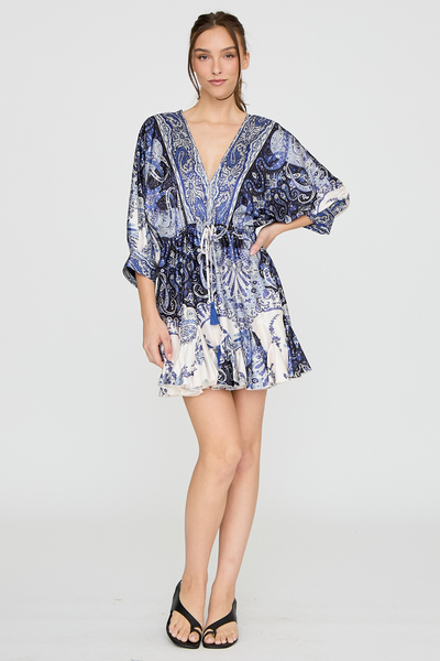 PAISLEY PRINT TIE WAIST MINI DRESS