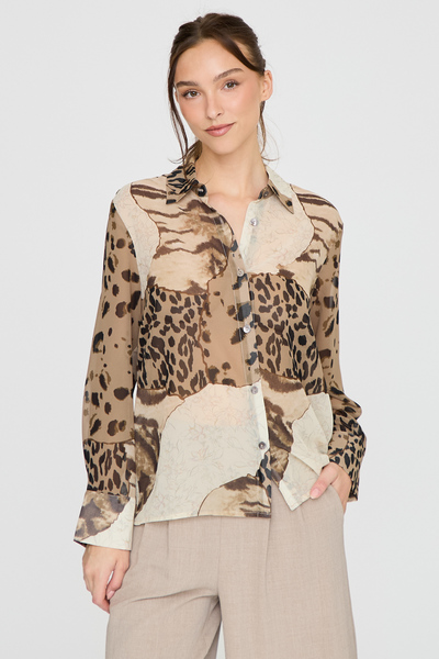 MIXED ANIMAL PRINT BUTTON DOWN BLOUSE