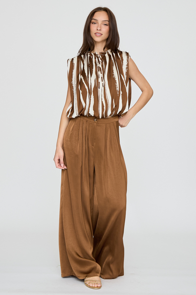 RUFFLE NECK PRINTED TOP & WIDE LEG PANTS SET