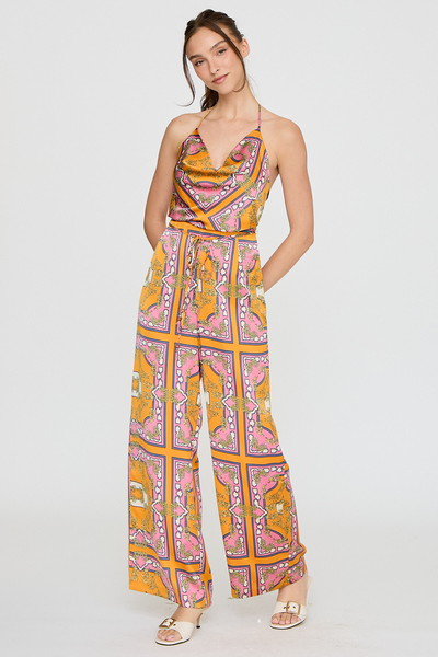 PRINTED COWL NECK BACKLESS JUMPSUIT