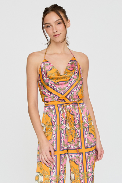 PRINTED COWL NECK BACKLESS JUMPSUIT