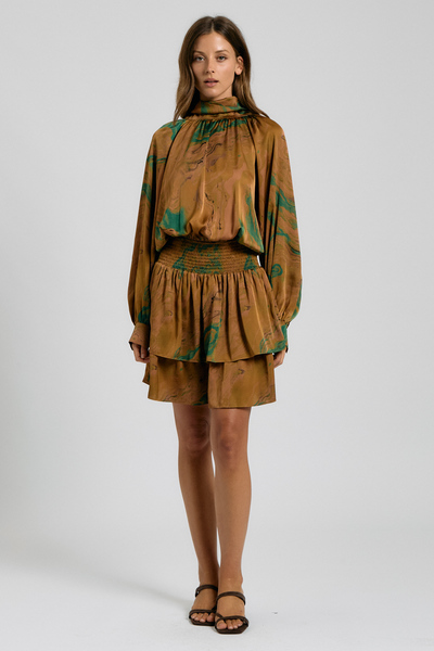 MARBLE PRINT NECK TIE MINI DRESS