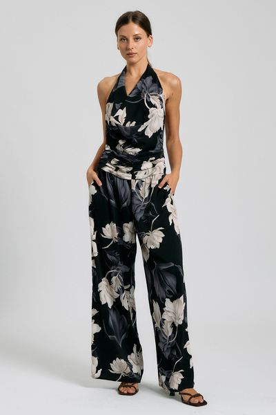 FLORAL HALTER COWL NECK WIDE-LEG JUMPSUIT