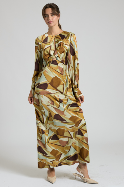 ABSTRACT TWIST FRONT CUTOUT SATIN MAXI DRESS