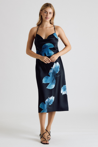 FLORAL COWL NECK OPEN BACK MIDI DRESS