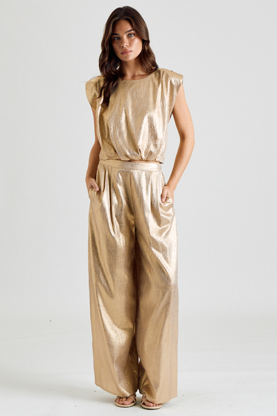 METALLIC SHOULDER PAD WIDE LEG PANTS SET