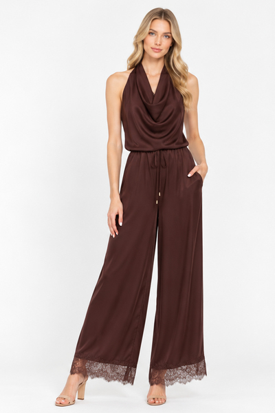 COWL NECK HALTER LACE TRIM WIDE LEG JUMPSUIT